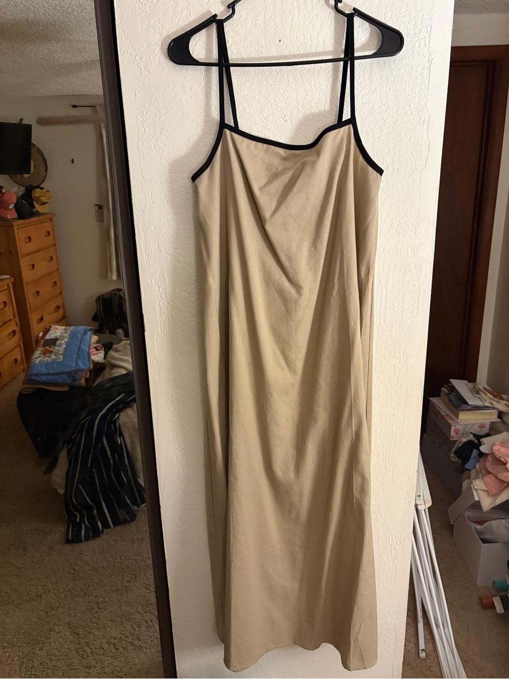Trendy Neutral Beige Maxi Slip Dress with Black Trim